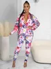 Damesblouses bloemenprint tweedelige set dames casual turn-down kraag shirt met lange mouwen en hoge taille hipster legging sweatsuit dames