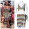 Survêtements pour femmes Patchwork coloré tricoté 2 pièces jupes ensembles femmes bretelles spaghetti soutien-gorge haut bandage gland mini jupe club anniversaire