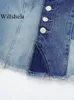 Women's Tanks Camis Willshela Women Fashion Denim Patchwork Crop Top Single Breasted Cropped Camisole Vintage Straps Square Collar Female Chic Lady 230615