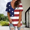 Women's T Shirts Summer Independence Day Personality T-shirt V-Neck Stars Stripes Print Ladies Top Fashion Casual Side Split Female Tops