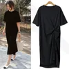 Basic Casual Dresses Summer Dress Casual Black Shirt Dress Midi Women Korean Style Clothes Side Split Ladies 4XL Short sleeve 230615