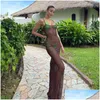 Urban Sexy Dresses Women Sling Dress Spaghetti Strap Lowcut Seethrough Slit For Club Party Skinfriendly Casual Simple Style Bluegree Dhbpw
