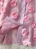 Work Dresses Summer Gorgeous Pink Floral Organza Outfits For Women's 3D Flower Embroidery Puff Sleeve Shirt Top Ball Gown Mini Skirt Set