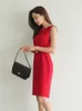 Casual Dresses Elegant Office Women Dress Temperament Simple O-Neck Sleeveless Belt Slim Midi Party Formal Commute Lady Femme Mujer Vestidos