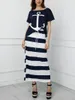 Work Dresses 2023 Summer Elegant Vacation Leisure Two-pieces Suit Sets Ladies Boat Anchor Print T-Shirt & Striped Maxi Skirt