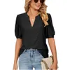 2023 봄과 여름 캐주얼 V- 넥 단색 중공 거품 슬리브 느슨한 티셔츠 여성 긴 티셔츠 탑 플러스 사이즈
