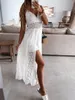 Basic Casual Dresses wsevypo Women Spaghetti Straps Long Beach Dress Boho Summer Sleeveless Hollow Out Floral Lace Playsuit Sundress Lady Outfit 230614