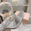 Sandálias femininas de salto alto grossas de 6 cm sapatos de casamento de couro real para noiva, dedo aberto, strass, strass, slides femininos, chinelos de fábrica de marca de luxo