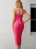 Casual Dresses Pink Bandage Dress for Women 2023 Elegant Party Sexig Crystal Psmorded Mesh Insert Evening Birthday Club Outfit