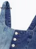 Women's Tanks Camis Willshela Women Fashion Denim Patchwork Crop Top Single Breasted Cropped Camisole Vintage Straps Square Collar Female Chic Lady 230615