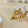 Bracelets de chaîne à maillons en acier inoxydable simples bracelet à breloques papillon perle pour femmes filles bijoux plaqué or 16 cm + 4 cm n1386