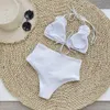 Kvinnors badkläder Muolux White Two Piece High midja Bikinis Set 3D Flower Women badkläder Bikini Swimsuit Sexig Summer Beachwear Bathing Suit 230615