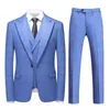 Men's Suits 2023 Men's Suit Blue Plaid Set Business Slim Fit Groom Wedding Dress Three Piece Top Pants Tank