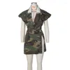 Women's Tracksuits Denim 2 Piece Set For Women Sleeveless Padded Shoulder Button Jeans Coat High Slit Skirts Camouflage Y2K Vintage