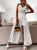 Basic Casual Dresses wsevypo Women Spaghetti Straps Long Beach Dress Boho Summer Sleeveless Hollow Out Floral Lace Playsuit Sundress Lady Outfit 230614