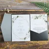 Grußkarten, schwarze Hochzeitseinladungskarte, dreifach gefaltet, im Taschenformat, schimmernde Country-Party-Einladungen, personalisiertes Design, mehrere Farben, 230615
