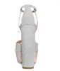 Sandali Piattaforma Bling Tacco grosso Scarpe da donna Moda Colore argento Fibbia alla caviglia Banchetto Donna Tacchi alti