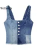 Kvinnors tankar Camis Willshela Women Fashion Denim Patchwork Crop Top Single Breasted Croped Camisole Vintage Stems Square Collar Female Lady 230615