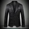 男性のワニのパターンウェディングスーツブラックブレザージャケットスリムフィットスタイリッシュな衣装歌手メンズブレザーデザインのステージウェア