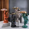 Objetos decorativos Estatuetas Stand on One Foot Escultura de cachorro Golden Storage Tray Cartoon Bulldog francês Decoração de mesa Estátua de animais Artesanato em resina 230614