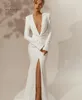 New Arrival Sexy Deep V Neck Long Sleeves Satin Mermaid Wedding Dresses For Women High Slit Bridal Gowns