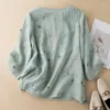 T-shirt da donna Estate Vintage Donna Stile cinese Manica 3/4 Verde Modello Foral Top in cotone e lino Camicia Abbigliamento donna Top casual