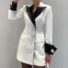Women's Suits Fashion Colorblock Patchwork Leather Blazers For Women Peaked Lapel Long Sleeve Single Breasted Mid-Length Coats Female