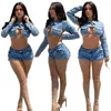 Kvinnors spårdräkter Denim Crop Coats Two Piece Set Shorts Hollow Out Top Biker Short Casual Pants Pockets 2023 Y2K Clothing Streetwear