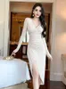 Casual Dresses High Quality Spring Autumn Elegant Women Evening Dress Chic Sexig V-ringar Folds BodyCon Midi Party Club Prom Robe Mujer