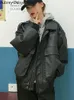 Kvinnors jackor streetwear överdimensionerad svart skinnjacka kvinnor mode vintage pu blixtlås cyklist kvinnlig lös varm ficka faux kappa 230615