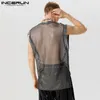 Herren Tank Tops Herren Tank Tops Mesh Transparent Funkelnd O-Ausschnitt Ärmellos Lose Westen Streetwear Sommer Party Mode Herren Kleidung INCERUN 230615