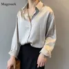 Женские блузкие рубашки Silk Korean Office Ladies Элегантная рубашка блузена женщина мода пуговица в атласную рубашку винтажные белые рубашки с длинным рукавом 11355 230615