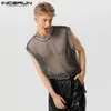 Herren Tank Tops Herren Tank Tops Mesh Transparent Funkelnd O-Ausschnitt Ärmellos Lose Westen Streetwear Sommer Party Mode Herren Kleidung INCERUN 230615