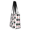 Sacolas de compras padrão personalizado de lona de cachorro para mulheres, durável, mercearia, patas pretas, corações vermelhos, bolsa de compras