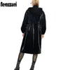 Kvinnorjackor Nerazzurri Long Black Warm Overized Shiny Patent Leather Trench Coat för kvinnor Långärmad Zip Up Fall Fashion 2023 Windbreaker 230615