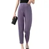 Calças femininas meninas verão plissadas retas finas elásticas cintura mulher solto ajuste fino roxo rosa casual cropped