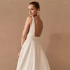 Wedding Dress Classic Satin Spaghetti Strap Sleeveless V-Neck Simple Bridal Gown Sexy Backless Short A-line Train With Bow