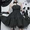 Casual Dresses Goth Women Retro Black Dress Halter Shoulder Off Solid Color Non-sleeve Pleated Gothic Style Ladies For Spring Summer 2023