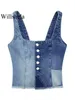 Women's Tanks Camis Willshela Women Fashion Denim Patchwork Crop Top Single Breasted Cropped Camisole Vintage Straps Square Collar Female Chic Lady 230615