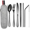 Set di stoviglie Set di posate dorate Coltello Cucchiaio Forchetta Bacchette Stoviglie Utensili portatili Riutilizzabili Campeggio da viaggio Con custodia