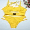 Women's Swimwear FS Sexy Women Yellow Cross Strap Hollow Out Halter Lace Up Bikini Set Lady Split Backless Solid Swimsuit Two Pieces