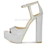 Sandals Bling Platform Chunky Heel Lady Shoes Fashion Silver Color Ankle Buckle Banquet Women Large Size Dress Heels