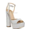 Sandals Bling Platform Chunky Heel Lady Shoes Fashion Silver Color Ankle Buckle Banquet Women Large Size Dress Heels