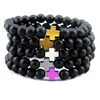 Strand Black Matte Onyx Stone Beads Cross Men Bracelets Srone Yoga Bracelet Unisex Mala Bangle Feminino