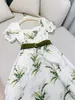 2023 Summer Green Floral Print Belted Jacquard Dress Short Sleeve Square Neck Paneled Midi Casual Dresses J3L127332