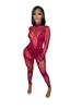 NEW Designer Mesh Jumpsuits Women Long Sleeve Patchwork Rompers Sexy Bodycon See Through Jumpsuits One Piece Overalls Party Night Club Wear Wholesale Clothes 9111