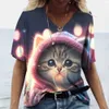 T-Shirt da donna T-Shirt Kawaii femminile Cute Cat Print 3d Manica corta Y2k Abbigliamento Summer Street Sexy Scollo a V Casual Vacation T-shirt da donna Top