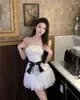 Casual Dresses Sweet Girl Retro Sexy Dress Women's Bow Strapless Slim Fit Lace Splice Short White Fashion Elegant Female Clothes