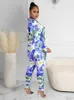 Damesblouses bloemenprint tweedelige set dames casual turn-down kraag shirt met lange mouwen en hoge taille hipster legging sweatsuit dames