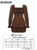 Basic Casual Dresses IAMSURE Casual Solid Ruffles A-Line Dress Korean Style Turn-Down Collar Puff Sleeve Mmini Dresses For Women Autumn Winter 230614